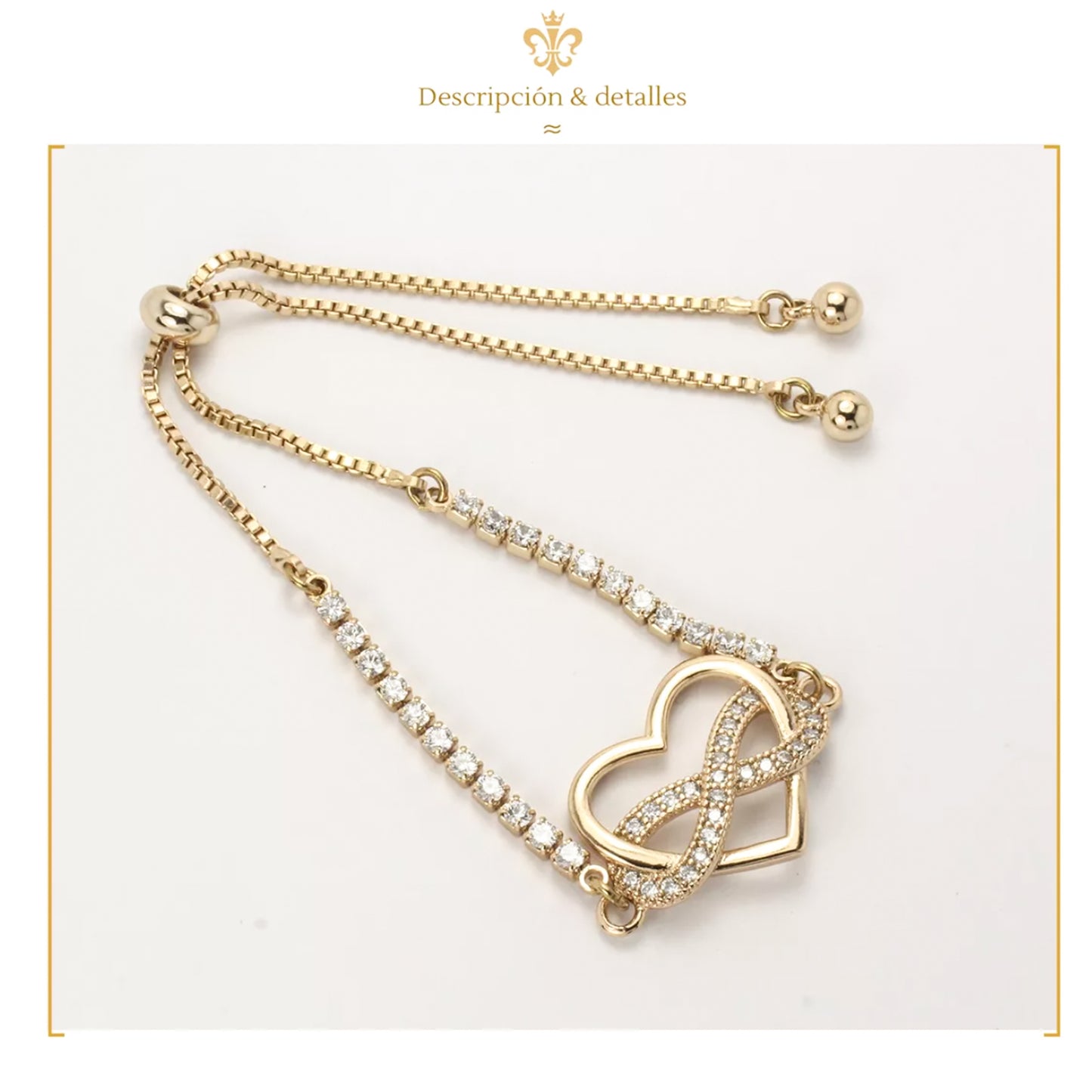 fina pulsera esclava ajustable corazon infinito diamantado oro laminado