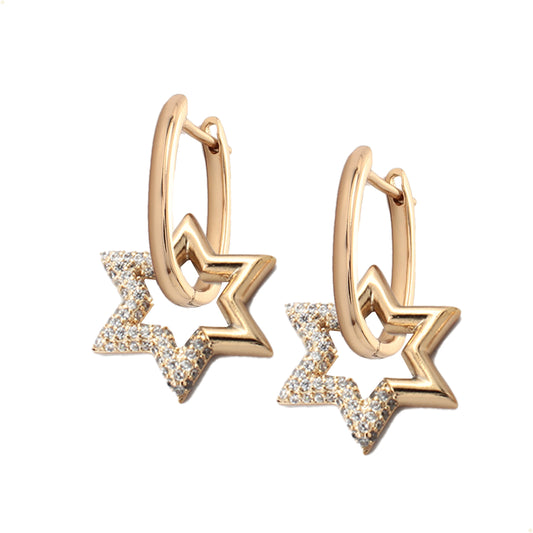 aretes colgante diseño de estrella cristales oro laminado 18k