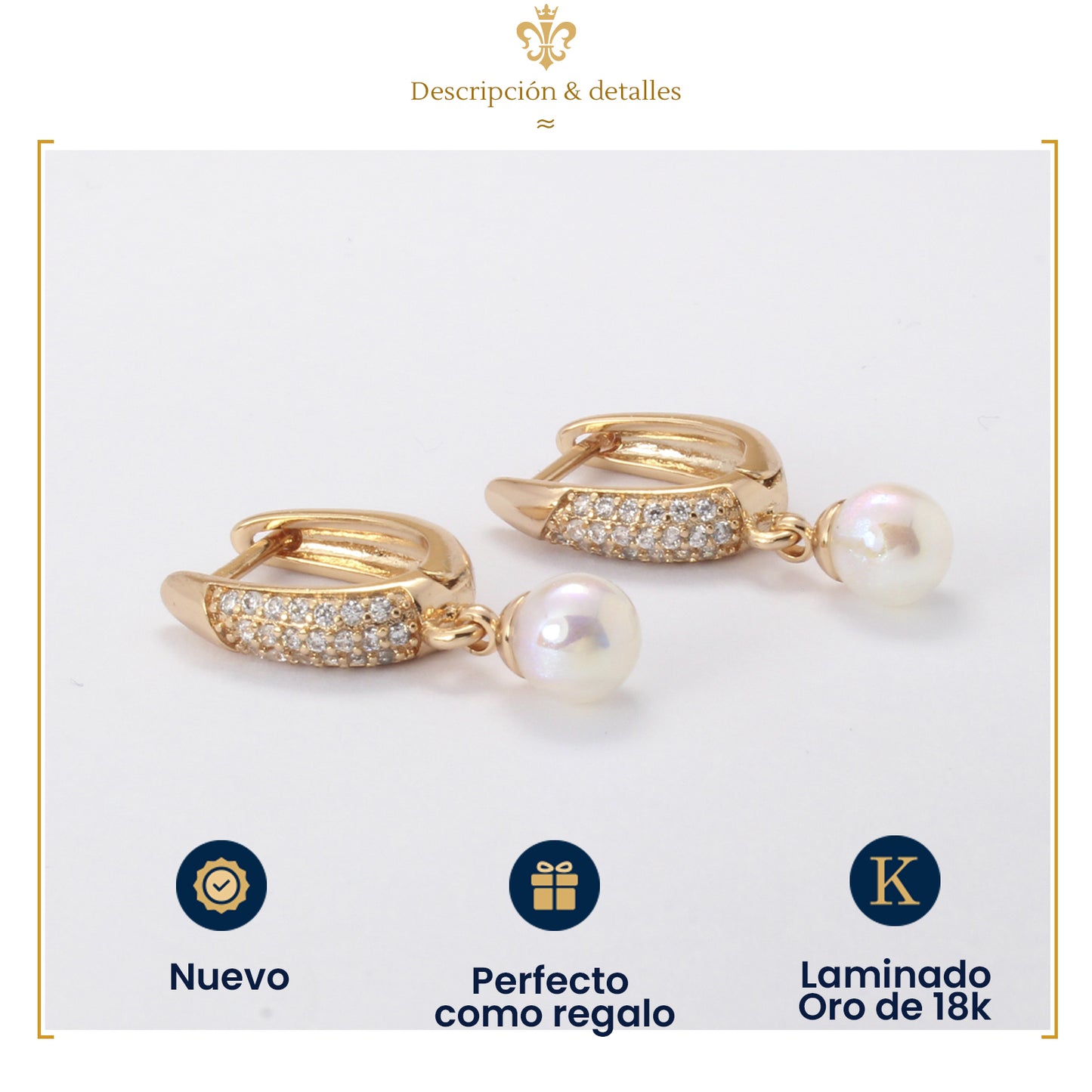 aretes huggies de perlas colgantes en oro laminado