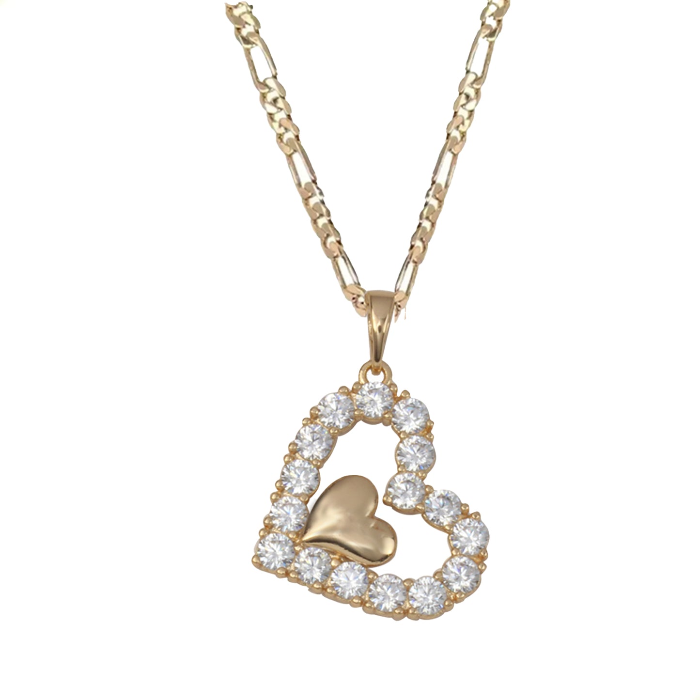 cadena delgada tipo figaro con dije de corazon diamantado oro laminado