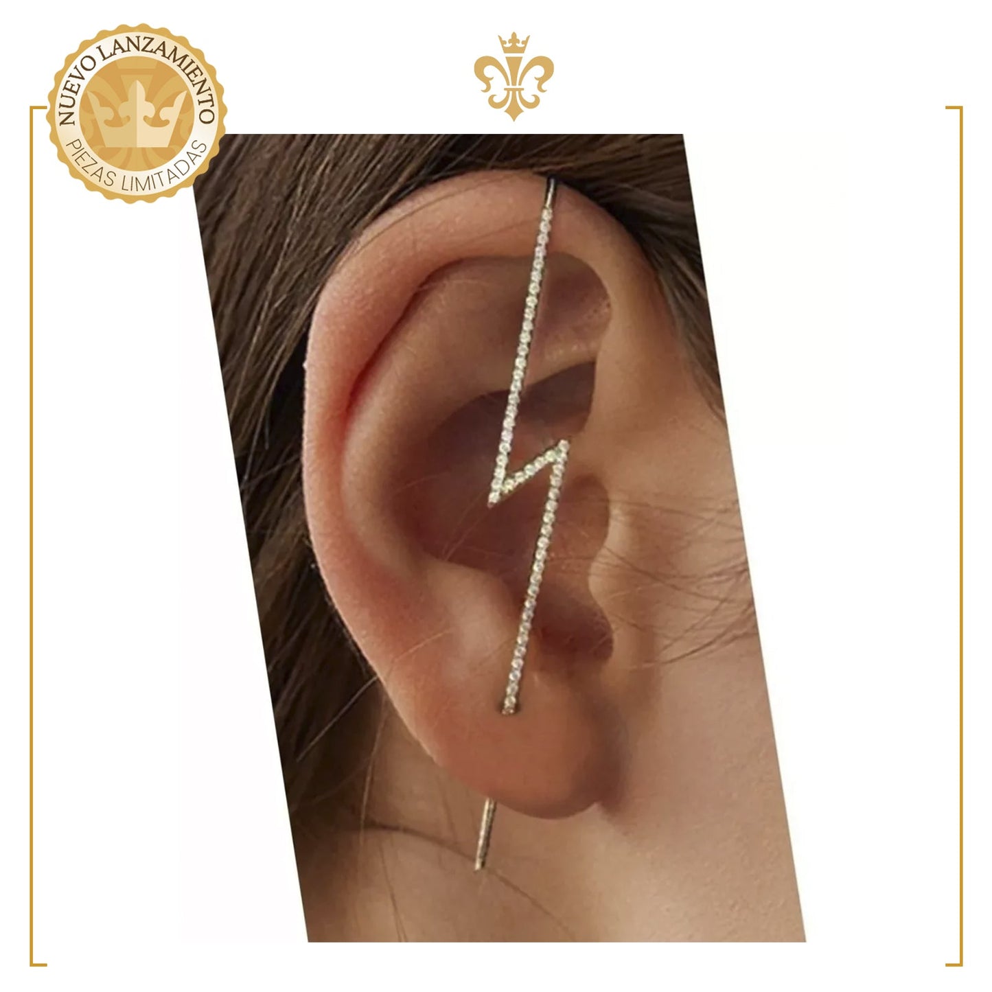 arete para mujer de gancho diagonal estilo rayo con cristales en oro laminado