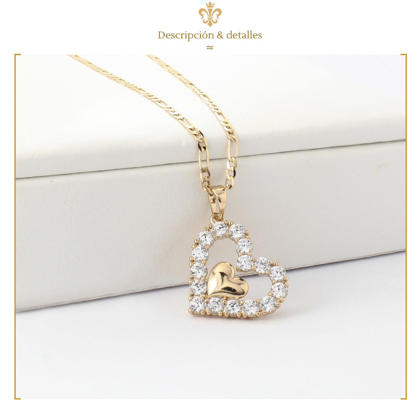 cadena delgada tipo figaro con dije de corazon diamantado oro laminado