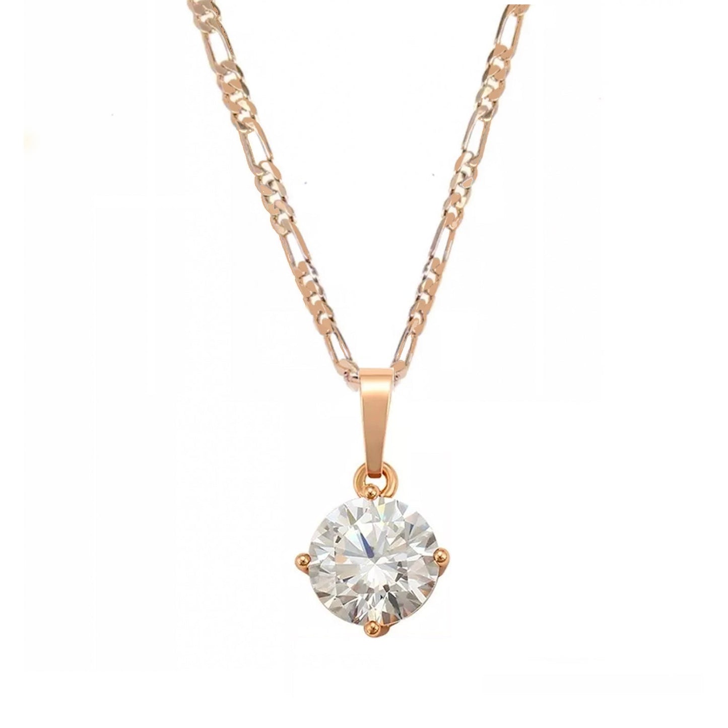 cadena tipo figaro con dije solitario de cristal diamante en oro laminado 18k para mujer