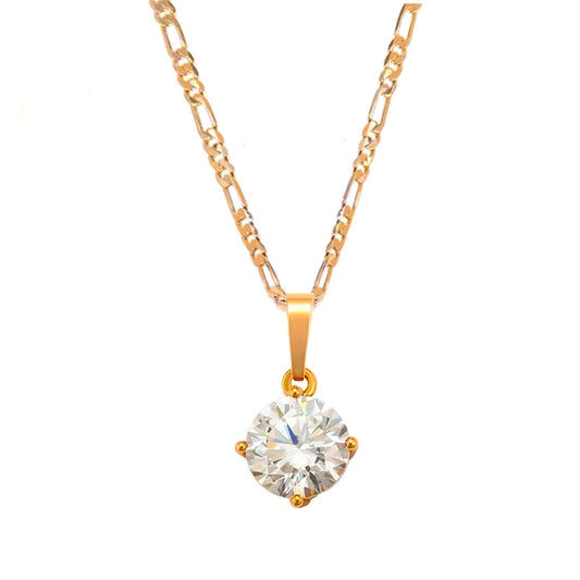 cadena tipo figaro con dije solitario de cristal diamante en oro laminado 24k para mujer