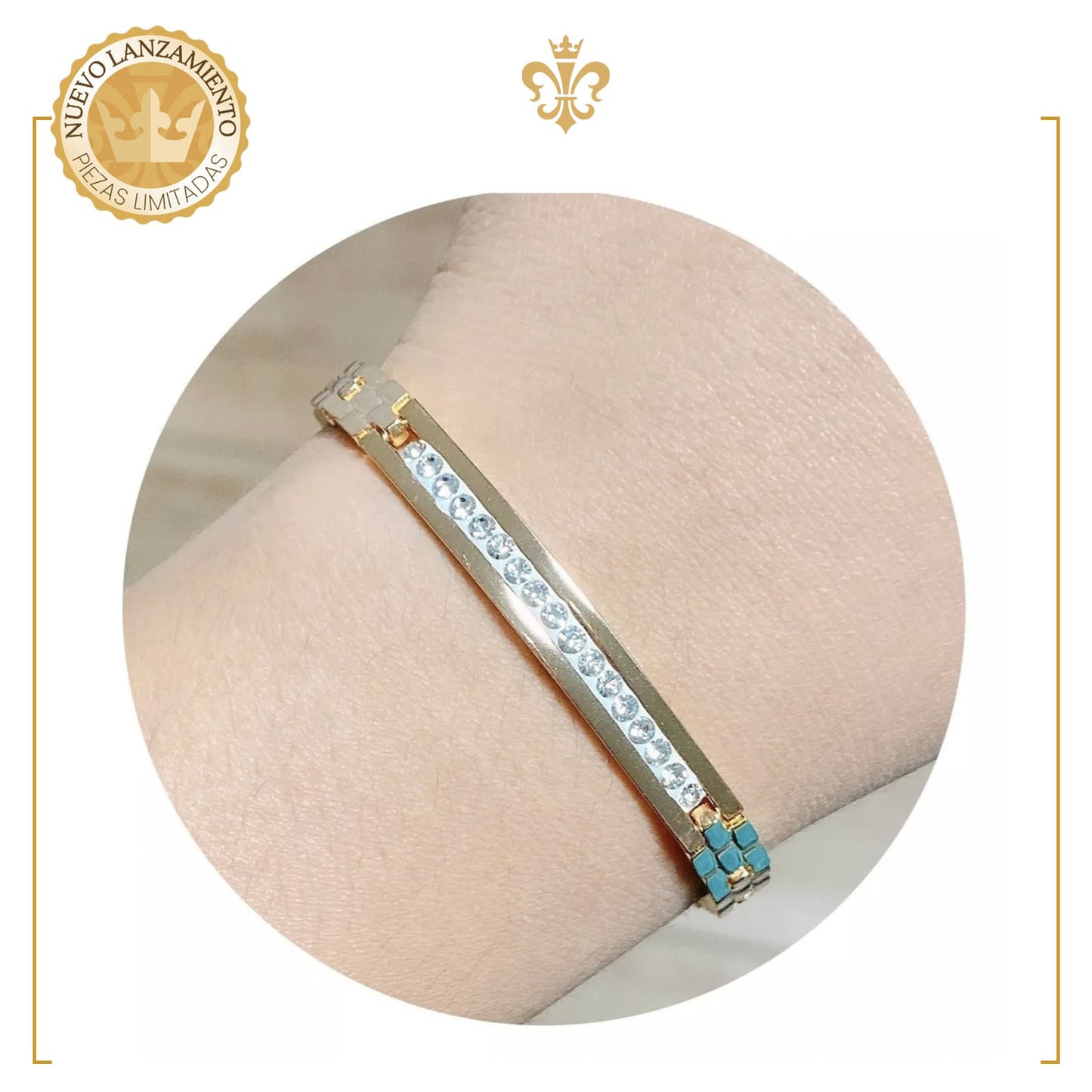 pulsera estilo esclava con placa diamantada en cristales tipo unisex en oro laminado